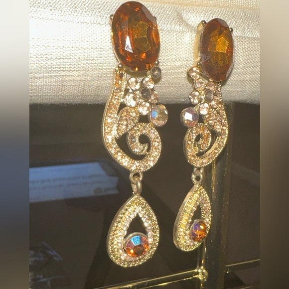 3 1/4” statement copper rhinestone pierced earrings with goldplate setting. - Picture 1 of 8